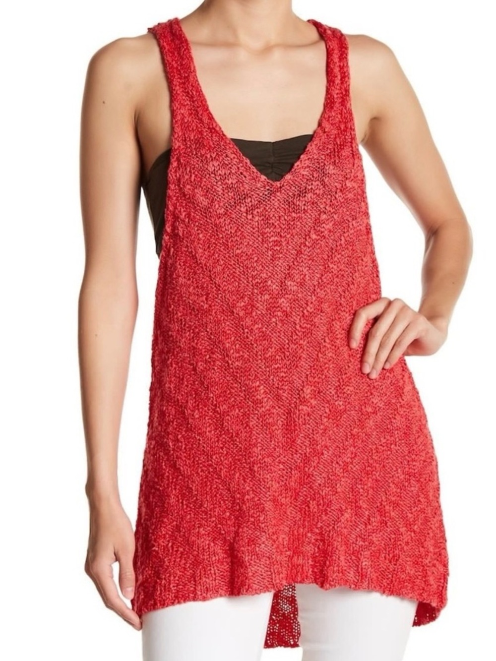 Free People Coral Red Chevron Knit Tank Top XS Racerback Boho Beach Layering